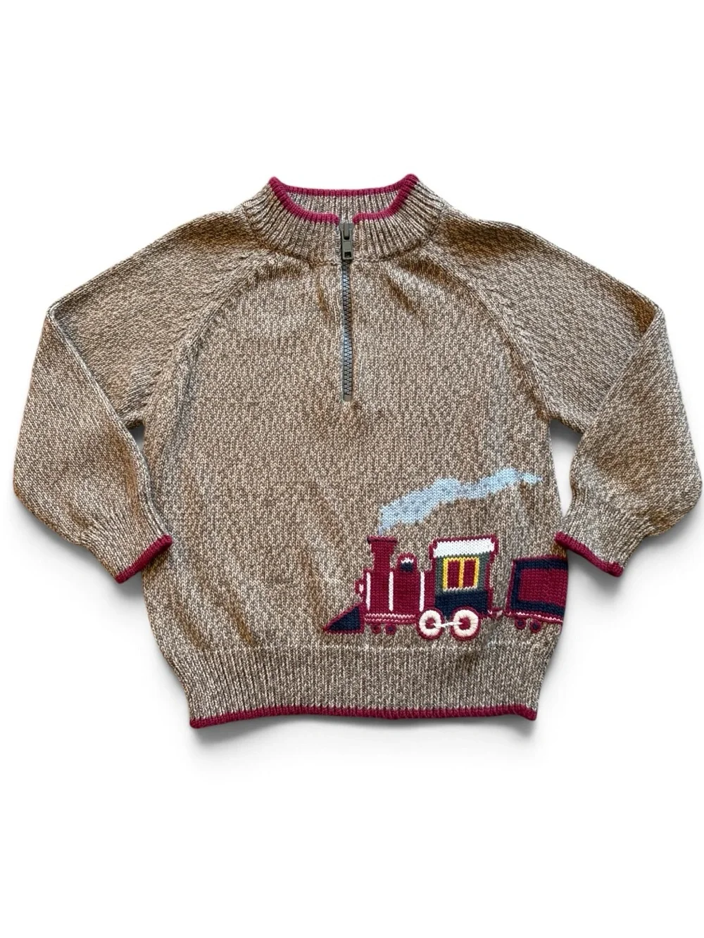 Gymboree | Brown Marble Knit Train Sweater with Burgundy Trim | 18-24M